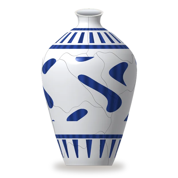 The vase with its cracks showing.